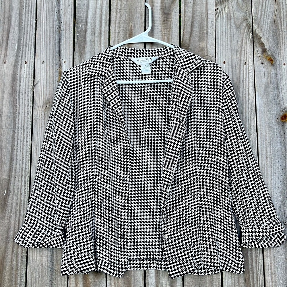 90s Y2K 100% silk top houndstooth Allison Taylor blouse black white‎ size medium